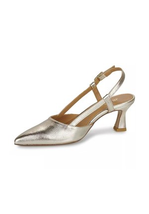 Silver pointed-toe slingback pump with mid-height flared heel and adjustable buckle strap.
