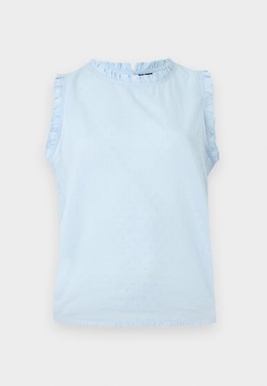 Αμάνικο ανοιχτό μπλε πουκάμισο με βολάν στο γιακά και τις μασχάλες και διακριτή πουά υφή.