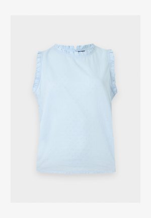 Ärmellose hellblaue Bluse mit gerafftem Besatz am Kragen und an den Armlöchern sowie subtiler gepunkteter Textur.