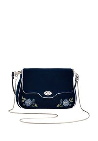 Mörkblå sammets crossover-väska med blommönster broderat på framsidan, silverdetaljer och en lång justerbar kedjesnor.