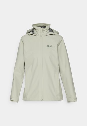 Veste imperméable gris clair avec capuche, dotée d'un zip frontal et de cordons de serrage réglables. Logo affiché sur la poitrine gauche.