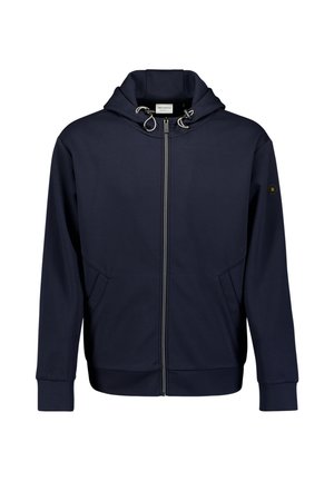 Donkerblauwe hoodie met rits, trekkoord in de capuchon, zakken aan de voorkant, geribbelde manchetten en een klein zwart label op de linkermouw.