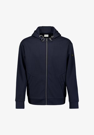 Donkerblauwe hoodie met rits, trekkoord in de capuchon, zakken aan de voorkant, geribbelde manchetten en een klein zwart label op de linkermouw.