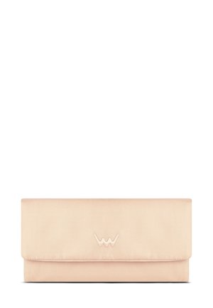 Soft pink fabric wallet with a flat design, featuring an embroidered logo at the center, and a flap closure. Minimalist and sleek appearance.