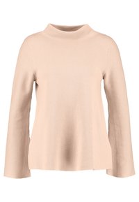 Ljusrosa, långärmad tröja med hög halsringning, något lös passform, strukturerad tyg och rak fåll. Inga synliga knäppningar eller detaljer.