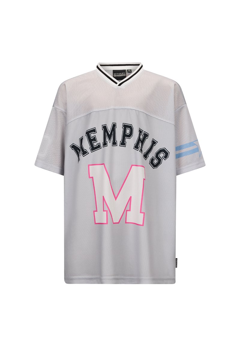 Grijze mesh jersey met zwarte "MEMPHIS" tekst en roze "M" logo; heeft een zwart-wit geribbelde V-hals en blauwe gestreepte accenten op de mouwen.
