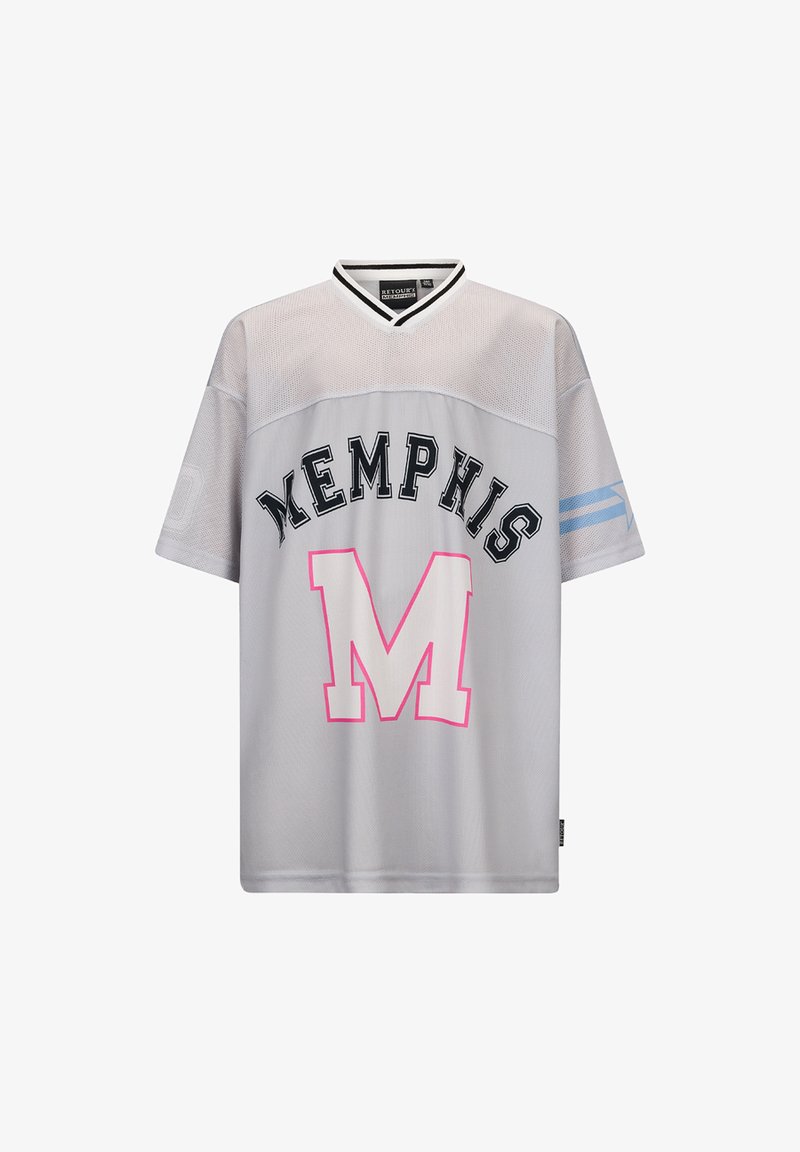 Grijze mesh jersey met zwarte "MEMPHIS" tekst en roze "M" logo; heeft een zwart-wit geribbelde V-hals en blauwe gestreepte accenten op de mouwen.