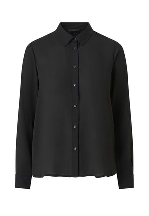 Camisa negra de manga larga con botones y cuello, confeccionada en tela ligera, con un corte recto y un brillo sutil.