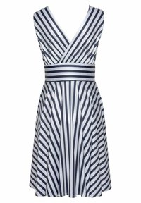 Randig klänning med marinblåa och vita vertikala ränder, djup V-ringning, ärmlös design och figursydd midja med ett vida kjol.