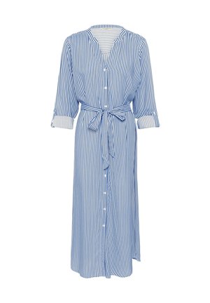 Blå og hvide lodrette stribede lang skjortekjole med knapper ned foran, kvartlange ærmer og matchende bælte til at binde i taljen.