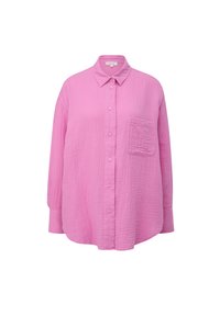 Roze overhemd met knopen, gemaakt van gestructureerde stof, met een kraag, lange mouwen en een enkele voorkeurszak. Zacht, lichtgewicht ontwerp.