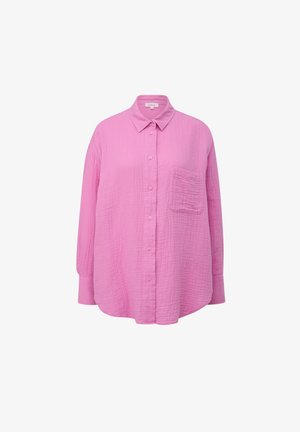 Rosa Hemd mit Knopfverschluss aus strukturiertem Stoff, mit Kragen, langen Ärmeln und einer einzelnen Brusttasche. Weiches, leichtes Design.