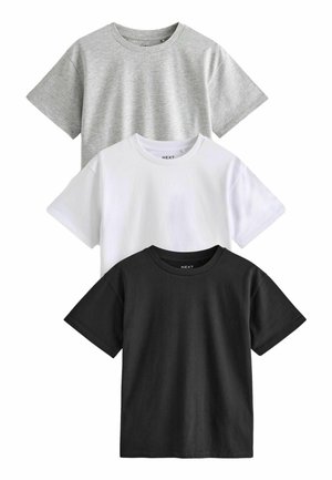 Trois T-shirts empilés verticalement : un gris, un blanc et un noir. Chacun a des manches courtes et un col ras du cou.