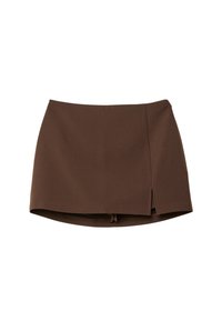 Brun mini kjol i slät tyg, med en åtsittande design och en sidoflik. Ingen synlig hårdvara eller detaljer.