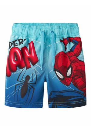 Blauwe zwembroek voor kinderen met een Spider-Man-illustratie, inclusief rode tekst "SPIDER-MAN", een zwarte spin en Spider-Man die klimt.