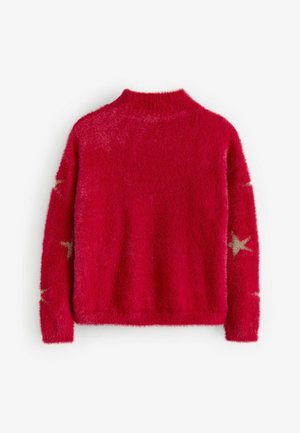 Roter, flauschiger Pullover mit hohem Kragen, langen Ärmeln und goldenen Sternakzenten an den Ärmeln. Weicher Stoff mit lockerem Schnitt.