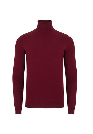 Bordowy sweter z golfem, wykonany z dzianiny, z długimi rękawami oraz prążkowanym dekoltem i dołem. Brak wzorów lub akcentów.