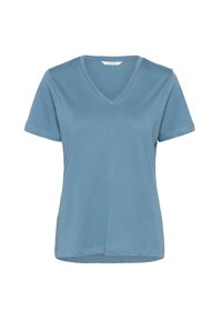 T-shirt bleu clair à manches courtes en V, fabriqué en tissu doux, avec une coupe classique, un ourlet droit et des détails de couture minimalistes.