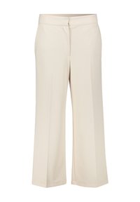 Pantalons couleur crème en tissu lisse, avec une coupe droite, des plis sur le devant et une taille standard.