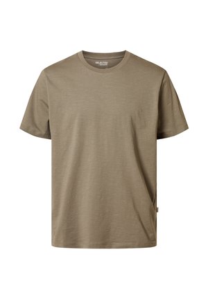 Olive green crew neck t-shirt made of soft fabric, features short sleeves, a relaxed fit, and a subtle texture with a small brand tag on the side.