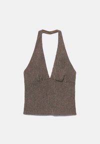Haut sans manches marron en maille avec col en V profond et larges bretelles, conçu pour un style ajusté et décontracté.