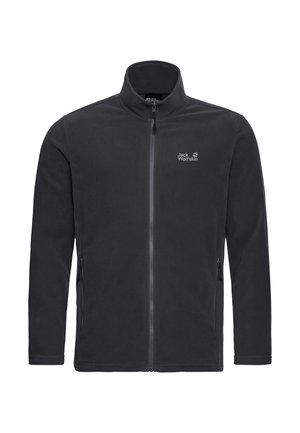 Zwarte fleecejas met een hoge kraag, een ritssluiting aan de voorkant en twee zijzakken. Voorzien van het Jack Wolfskin-logo in grijs op de borst.