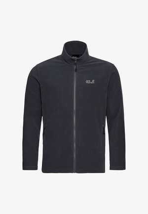 Veste en polaire noire avec un col haut, une fermeture éclair complète à l'avant et deux poches latérales. Présente le logo Jack Wolfskin en gris sur la poitrine.