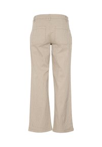 Beige corduroy wide-leg pants with vertical stripes. Features two back pockets and a straight waistband. Smooth texture, casual design.