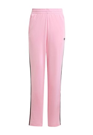 Pantalon de jogging rose en tissu lisse, avec des bandes latérales noires et une ceinture élastique. Comprend des poches pour plus de fonctionnalité.