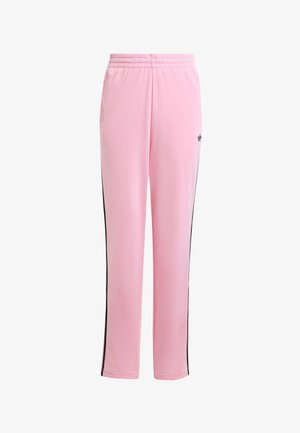 Rosa Trainingshose aus glattem Stoff mit schwarzen Seitenstreifen und elastischem Bund. Mit Taschen für mehr Funktionalität.