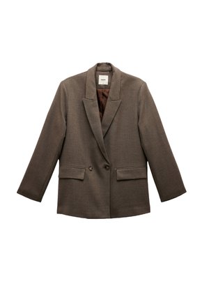 Bruine blazer met een gestructureerde stof, notch-lapels, dubbelzijdige sluiting en twee voork pockets. Voering in een lichter bruin.