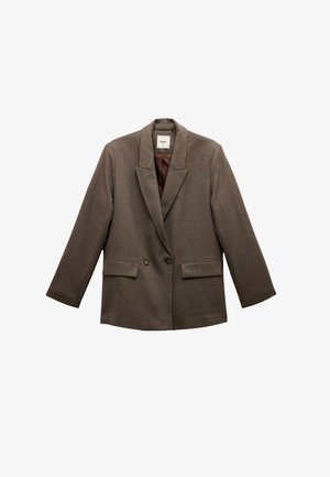 Blazer marrone con tessuto testurizzato, rever a cappotto, chiusura a doppio bottone e due tasche frontali. Interno foderato di un marrone più chiaro.