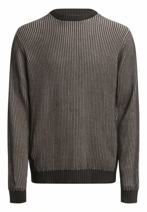 Dark gray ribbed sweater with a crew neckline, featuring a textured pattern and ribbed cuffs and hem. Made from soft knit material.