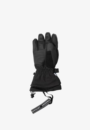 Zwarte geïsoleerde handschoen met een leren palm, elastische manchette en verstelbare band. Opvallend etiket met het merk "Swedemount."