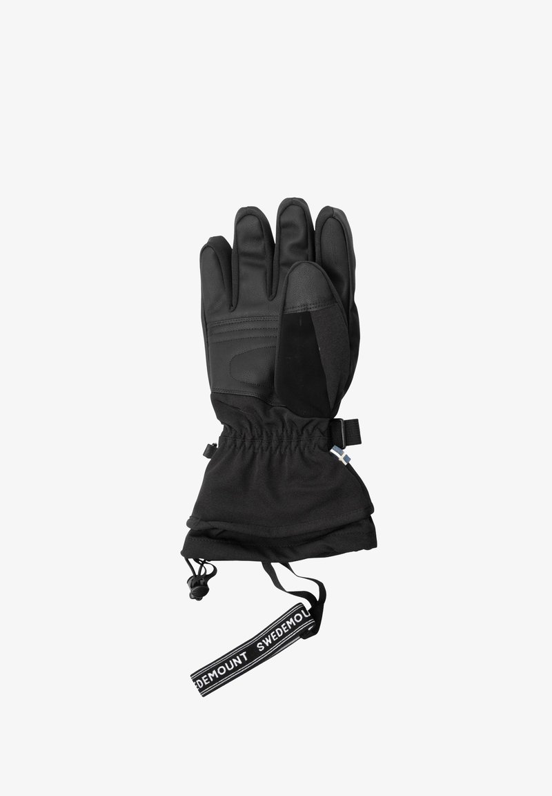 Guanto isolante nero con palmo in pelle, polsino elastico e cinturino regolabile. Un'etichetta prominente mostra il marchio "Swedemount."
