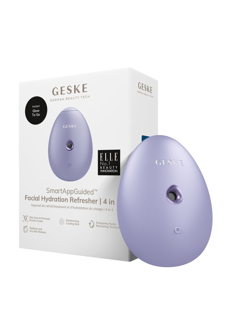 Dispositif hydratant pour le visage en forme d'œuf violet, avec un bouton à l'avant et un petit capteur. L'emballage comprend le logo et les détails du produit en noir et blanc.