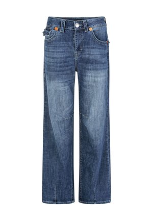 Jean denim bleu coupe droite avec décoloration sur les cuisses, poches avant, passants de ceinture, bouton et détails de couture visibles.