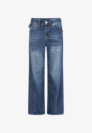 Niebieskie dżinsy o prostych nogawkach z wyblaknięciami na udach, przednimi kieszeniami, szlufkami na pasek, guzikiem i widocznymi przeszyciami.