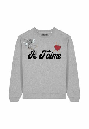 Felpa grigia in cotone con "Je T'aime" in scrittura nera, caratterizzata da un'illustrazione di un angelo e una grafica di un cuore rosso sul davanti.