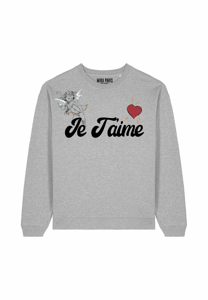 Felpa grigia in cotone con "Je T'aime" in scrittura nera, caratterizzata da un'illustrazione di un angelo e una grafica di un cuore rosso sul davanti.