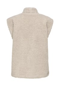 Beige fleece vest met een gestructureerde oppervlakte, hoge kraag en zonder mouwen. Het heeft een ontspannen pasvorm en een eenvoudig ontwerp.