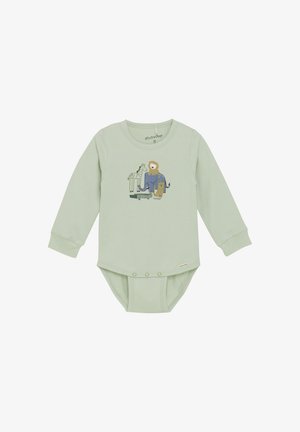 Långärmad mintgrön bodysuit med rund halsringning, prydd med djurillustrationer i mörkblått och ljusbrunt. Tryckknappar i botten.