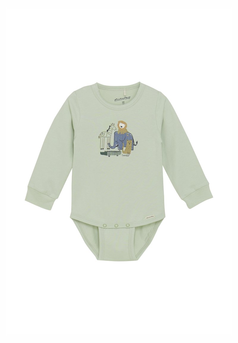 Långärmad mintgrön bodysuit med rund halsringning, prydd med djurillustrationer i mörkblått och ljusbrunt. Tryckknappar i botten.