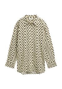 Langärmliges Hemd in Creme mit schwarzem Zickzackmuster, ausgestattet mit einem klassischen Kragen, Knopfverschluß und einem lockeren Schnitt. Weicher, strukturierter Stoff.