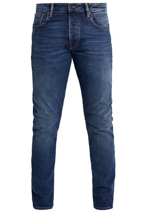Men’s blue denim jeans with five pockets, a button closure, and slim fit design.