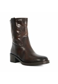 Brown leather ankle boots with a smooth finish, moderate heel, and stitching details; rounded toe and side loop for easy wear.