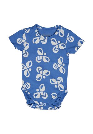 Blauer Kurzarm-Body mit weißem geometrischem Muster. Weiches Material und Druckknöpfe am unteren Teil für einfaches Anziehen.