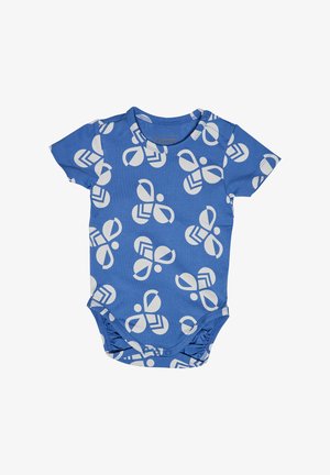 Blå kortærmet bodystocking med hvidt geometrisk mønster. Blødt materiale og trykknapper i bunden for nem påklædning.