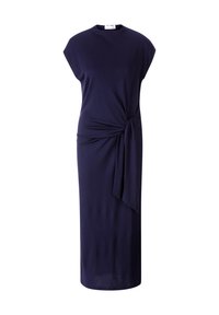 Vestido azul marino con mangas cortas, escote redondo y detalle de nudo retorcido en la cintura; confeccionado con una tela suave y elástica.