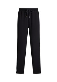 Pantalones de chándal negros con cintura ajustable, piernas estrechas y puños enrollados, que presentan paneles laterales texturizados para un mayor detalle.